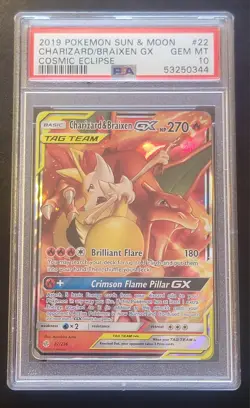 2019 POKEMON SUN & MOON COSMIC ECLIPSE #22 CHARIZARD & BRAIXEN GX PSA 10 - Image 1