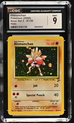 CGC 9 MINT Hitmonchan 2000 Base Set 2 8/130 Holo Pokemon Card - Image 1