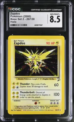 CGC 8.5 Zapdos 2000 Base Set 2 20/130 Holo Pokemon Card - Image 1