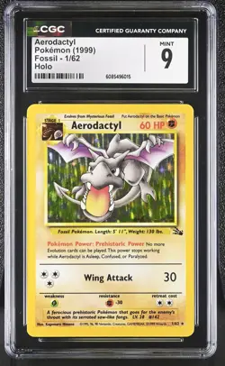 CGC 9 MINT Aerodactyl 1999 Fossil 1/62 Holo Pokemon Card - Image 1