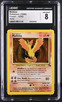CGC 8 Moltres 1999 Fossil 12/62 Holo Pokemon Card - Image 1
