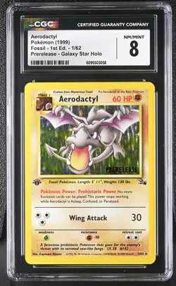 CGC 8 Aerodactyl 1/62 Prerelease Holo 1st Edition Fossil Pokemon Card - Image 1