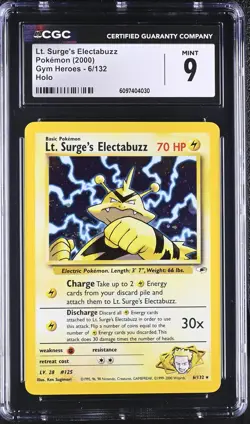 CGC 9 Lt. Surge's Electabuzz 6/132 Holo Gym Heroes Pokemon Card - Image 1