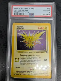 1999 Pokemon Zapdos 15/62 Fossil Holo Corrected Foil PSA 8 NM-MT - Image 1