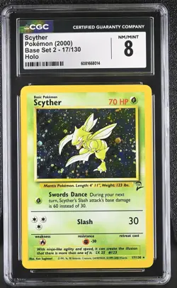 Pokemon CGC 8 Scyther 2000 Base Set 2 17/130 Holo Rare - Image 1