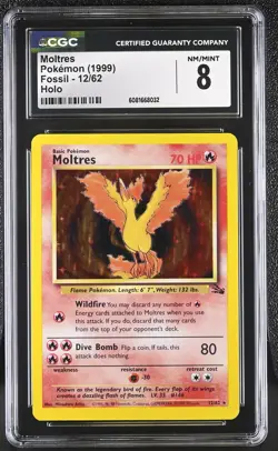 Pokemon CGC 8 Moltres 1999 Fossil 12/62 Holo Rare - Image 1