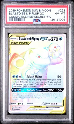 2019 POKEMON SUN & MOON COSMIC ECLIPSE #253 FULL ART/BLASTOISE & PIPLUP GX PSA 8 - Image 1