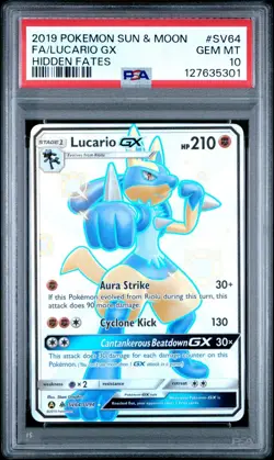 Lucario GX SV64/SV94 Hidden Fates Full Art Rare PSA 10 Gem Mint Pokemon Card - Image 1