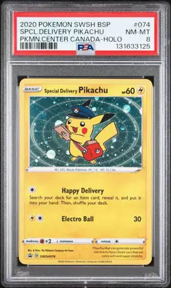 Special Delivery Pikachu Pokemon Center Canada Holo Promo SWSH074 PSA 8 2 Swirls - Image 1