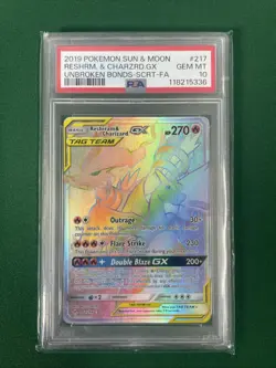 2019 Pokemon Unbroken Bonds Full Art Reshiram & Charizard GX 217 PSA 10 - Image 1