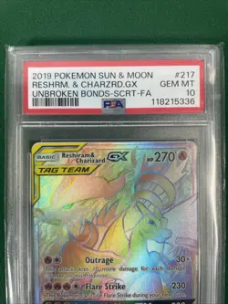 2019 Pokemon Unbroken Bonds Full Art Reshiram & Charizard GX 217 PSA 10 - Image 2