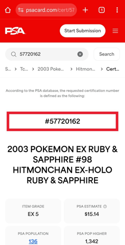 PSA 5(Excellent)(Hitmonchan EX-Holo)(Pokemon Ex,Ruby and Sapphire/=98)Year-2003 - Image 4