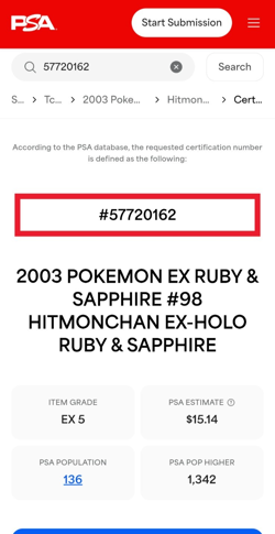 PSA 5(Excellent)(Hitmonchan EX-Holo)(Pokemon Ex,Ruby and Sapphire/=98)Year-2003 - Image 5