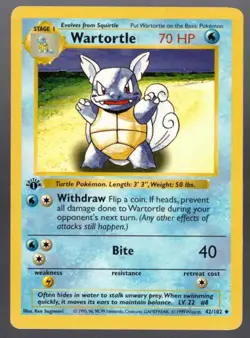 Wartortle Pokemon 1st Edition Base Set 42/102 LP Non-Holo Shadowless Uncommon - Image 1
