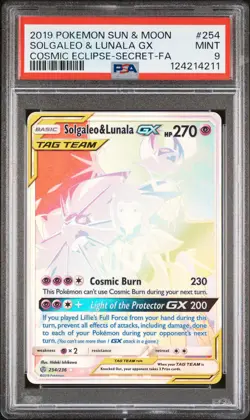 2019 POKEMON SUN & MOON COSMIC ECLIPSE #254 FULL ART/SOLGALEO & LUNALA GX PSA 9 - Image 1