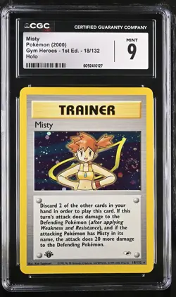 CGC 9 MINT Misty Gym Heroes 1st Edition 18/132 Holo SWIRL Pokemon Card - Image 1