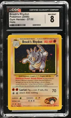 CGC 8 Brock's Rhydon 2000 Gym Heroes 2/132 Holo SWIRL Pokemon Card - Image 1