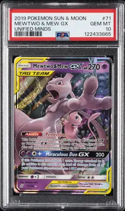 2019 POKEMON SUN & MOON UNIFIED MINDS #71 MEWTWO & MEW GX PSA 10 - Image 1