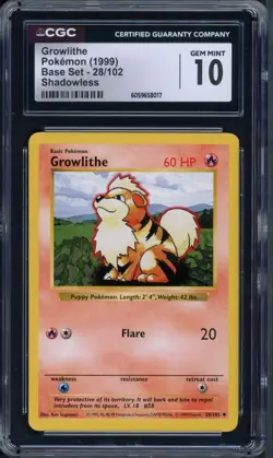 Pokemon CGC 10 Gem Mint Shadowless Base Set Uncommon Growlithe 28/102 - Image 1