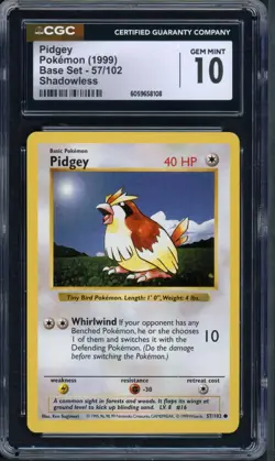 Pokemon CGC 10 Gem Mint Shadowless Base Set Common Pidgey 57/102 - Image 1