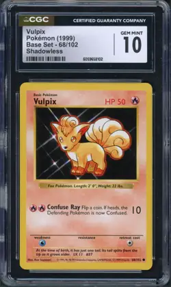 Pokemon CGC 10 Gem Mint Shadowless Base Set Common Vulpix 68/102 - Image 1