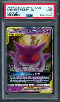 Pokemon PSA 9 Mint Team Up Ultra Rare Gengar & Mimikyu GX 53/181 - Image 1