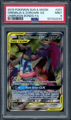 Pokemon PSA 9 Mint Unbroken Bonds Alt Art Greninja & Zoroark GX 201/214 - Image 1