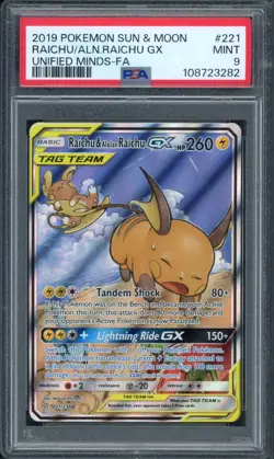 Pokemon PSA 9 Mint Unified Minds Alt Art Raichu & Alolan Raichu GX 221/236 - Image 1