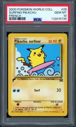Pokemon PSA 10 Gem Mint Pikachu World Collection French Surfing Pikachu #28 - Image 1