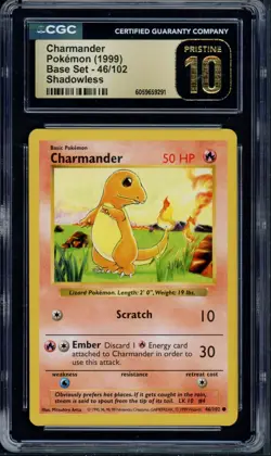 Pokemon CGC 10 Pristine Shadowless Base Set Common Charmander 46/102 - Image 1