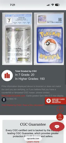 CGC 7 NM Dialga EX 122/119 Secret Rare XY-Phantom Forces Pokemon 2014 - Image 1
