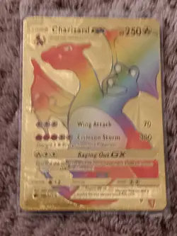 RARE RAINBOW Charizard GX Gold Foil Pokemon Card With Toploader MINT CONDITION - Image 1