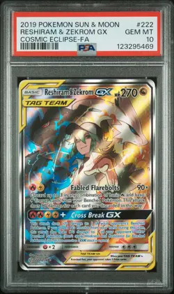2019 POKEMON SUN & MOON COSMIC ECLIPSE #222 FULL ART/RESHIRAM & ZEKROM GX PSA 10 - Image 1