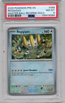 2025 POKEMON PRISMATIC EVOLUTION REGIGIGAS MASTER BALL REVERSE HOLO PSA 8 - Image 1