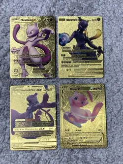 Pokemon Set of 4 Mewtwo EX,GX & Mew V Gold Foil Fan Art Collector Card - Image 1