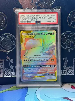 2019 POKEMON SUN & MOON TEAM UP SECRET #191 FULL ART EEVEE & SNORLAX GX PSA 10 - Image 1