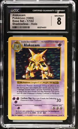 CGC 8 Alakazam 1999 Base Set 1/102 Shadowless Holo Pokemon Card Mint - Image 1