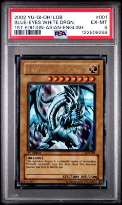 2002 Yu-Gi-Oh! LOB-001 Blue-Eyes White Dragon 1st Edition Asian-English PSA 6 EX - Image 1