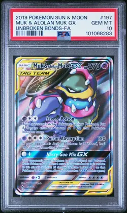 2019 POKEMON SUN & MOON UNBROKEN BONDS #197 FULL ART/MUK & ALOLAN MUK GX PSA 10 - Image 1