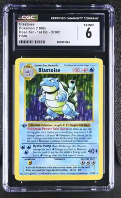 CGC 6 Blastoise 1999 Base Set 1st Edition Shadowless 2/102 Holo Pokemon Card - Image 1