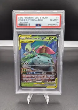 2019 POKEMON SUN & MOON TEAM UP #1 CELEBI & VENUSAUR GX PSA 10 - Image 1
