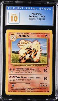 BLUE LABEL CGC 10 GEM MINT Arcanine 2000 Base Set 2 33/130 Pokemon Card - Image 1