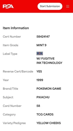 1999 Pokemon "PERFECT CENTERING " #58 PIKACHU PSA 9 Mint NEW FRESH SLAB - Image 3