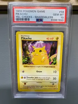 1999 Pokemon Shadowless Base Set - PSA 10 GEM MT - Pikachu Yellow Cheeks #58 - Image 1