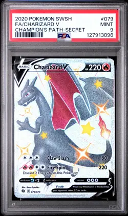 2020 POKEMON SWORD & SHIELD CHAMP'S PATH SECRET #079 FULL ART/CHARIZARD V PSA 9 - Image 1