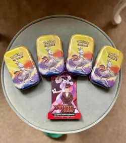 4× Pokemon: Kanto Power Mewtwo Mini Tins Sealed + 1 Destined Rivals Booster - Image 1