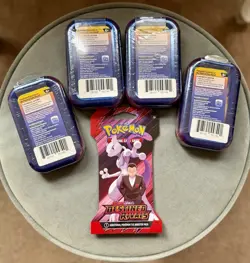 4× Pokemon: Kanto Power Mewtwo Mini Tins Sealed + 1 Destined Rivals Booster - Image 2