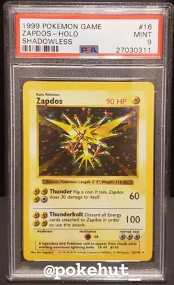 POKEMON PSA MINT SHADOWLESS ZAPDOS HOLO 16/102 BASE WOTC 1999 NINTENDO - Image 1