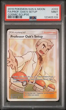 2019 POKEMON SUN & MOON COSMIC ECLIPSE #233 FULL ART/PROFESSOR OAK'S SETUP PSA 9 - Image 1