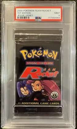 2000 WOTC Pokemon Team Rocket 1st Edition Booster Pack Jessie/James PSA 9 Mint - Image 1